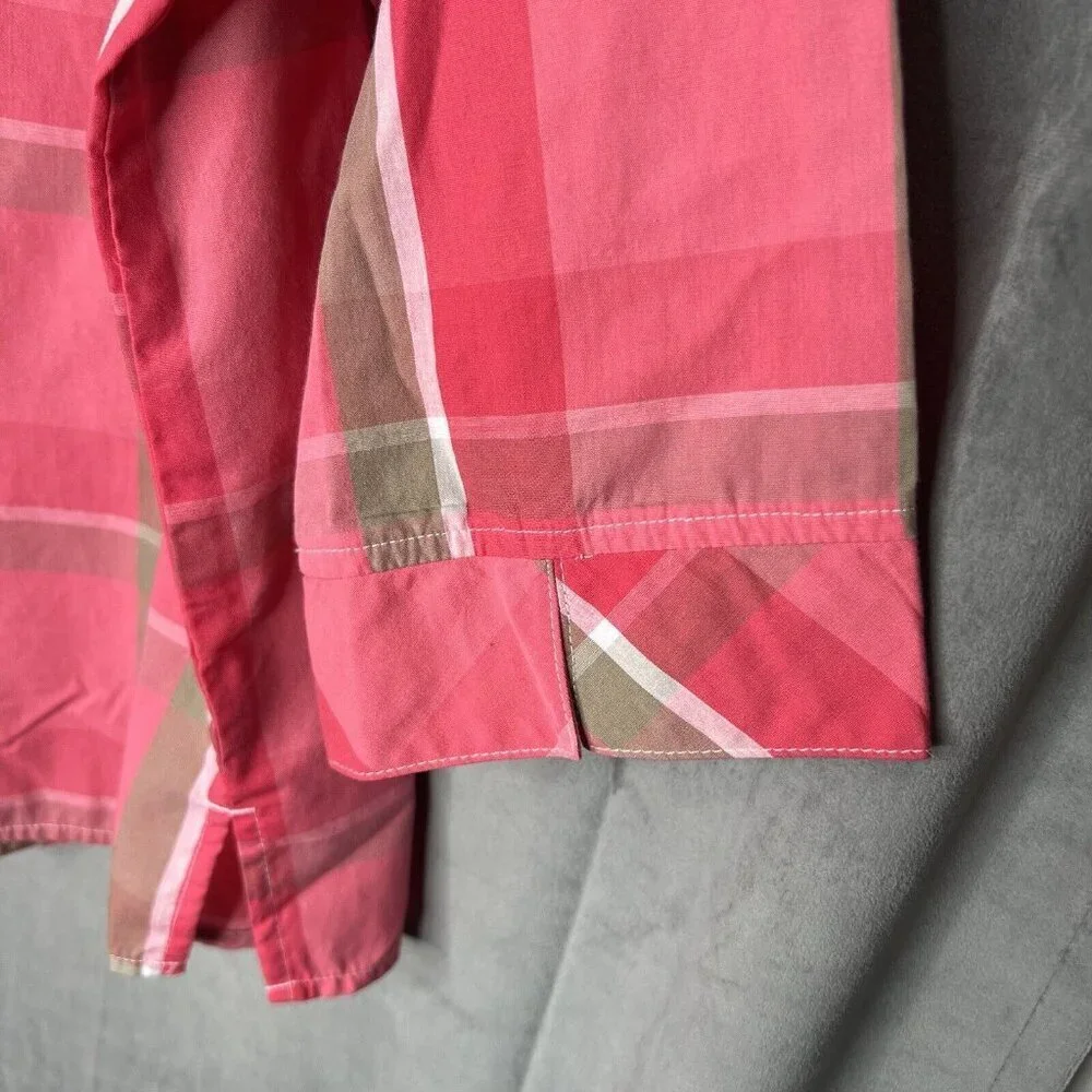 Rebecca Malone Top XL Casual Button Up 3/4 Sleeve Pink Plaid Blouse Collared - Picture 8 of 8